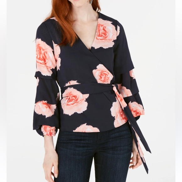 Bar III Pink and Blue Ruffled Wrap Blouse Sz Med new - Picture 9 of 11